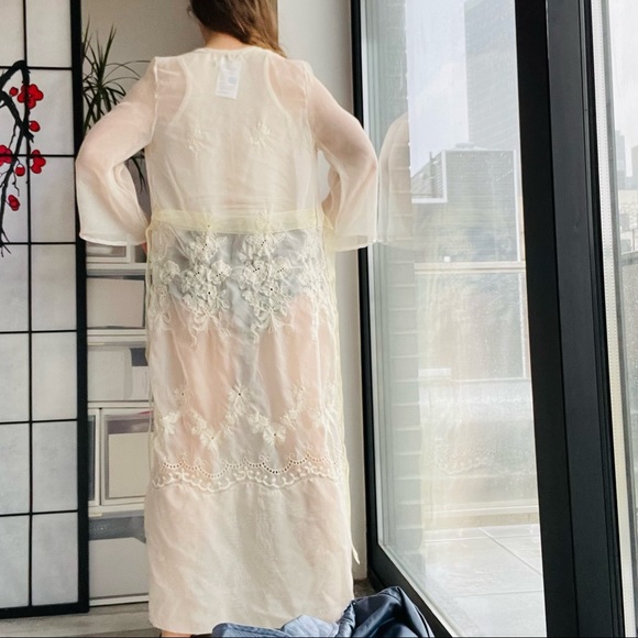 McClintock Floral Organza Transparent Bell Sleeve Belted Embroidered Long Robe - Picture 5 of 17